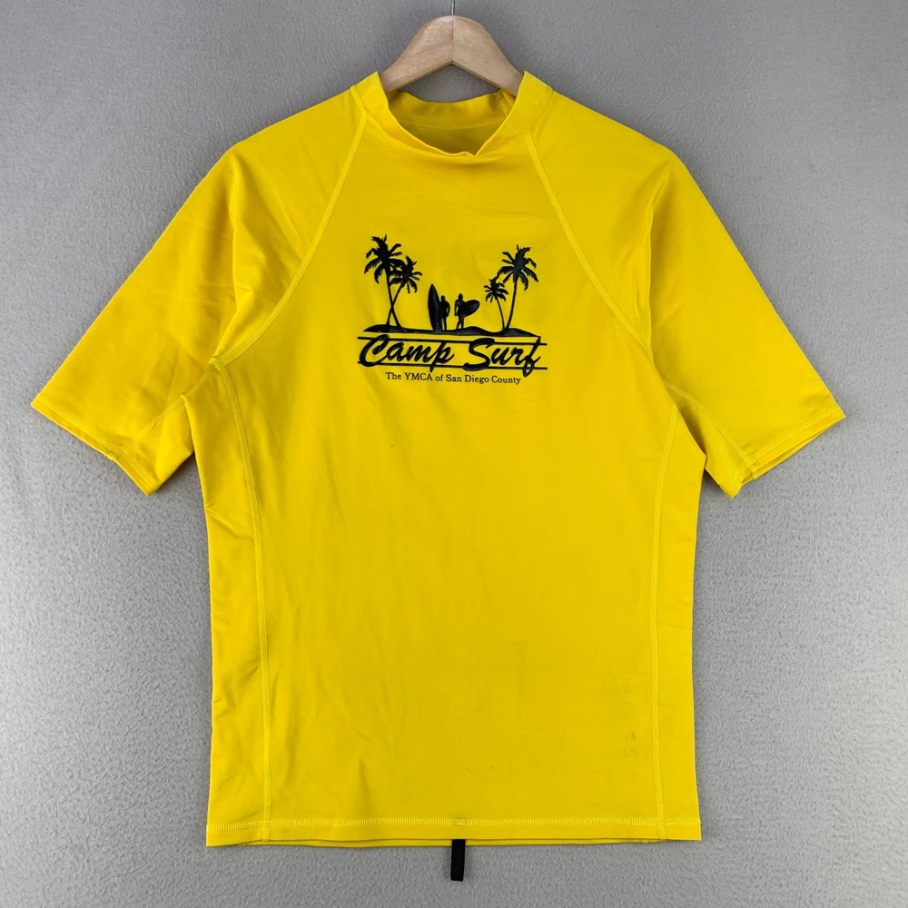 Vintage 90s YMCA Camp Surf Rash Guard Men XL Yellow Short Sleeve Coach Staff USA